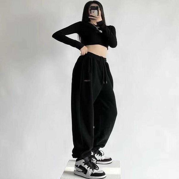 

designer women's clothing 20% off shirt high version family's cola embroidered terry guard pants with elastic waistband loose hem, Black