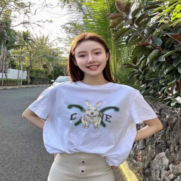 

designer summer women t shirt high edition 2023 summer year of the rabbit exclusive double lock print loose sleeve t-shirt, White