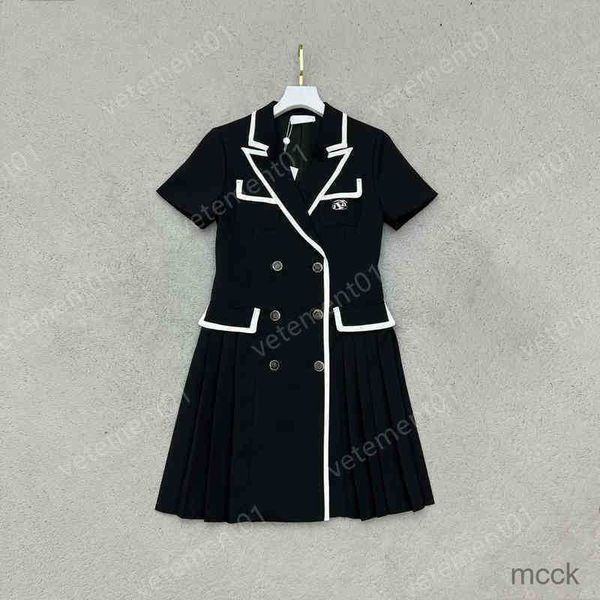 

casual dresses designer dresses womens ch 22ss lapel contrast pocket letter embroidered pleated dress luxury women summer dresses for weddin, Black;gray