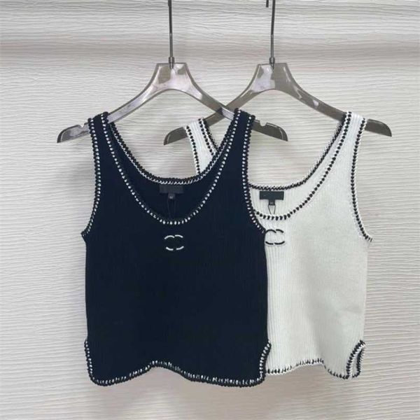 

designer summer women t shirt shirt 2023 summer small fragrant u-neck knitted tank handmade hooked edge contrast color outer strap, White