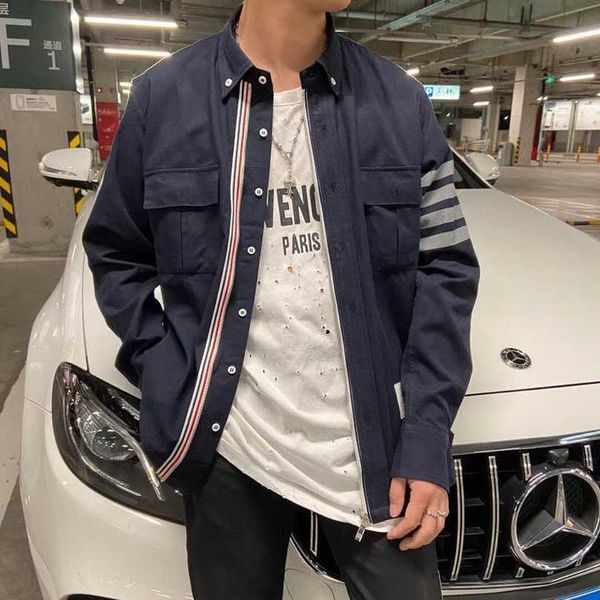 

designer women's clothing 20% off flannel classic four bar contrast ribbon zip panel loose long sleeve shirt, White;black