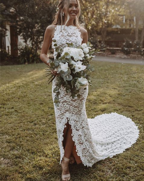 

boho wedding dress mermaid 2023 backless halter neck slit lace beach bride gowns rustic bridal dresses vestidos de novia sexy, White