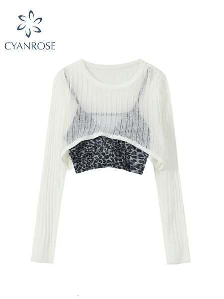 

camisoles tanks white hollow out suspender long sleeve t shirt women summer leopard sling perspective bottoming shirt crew short 230410, Black;white
