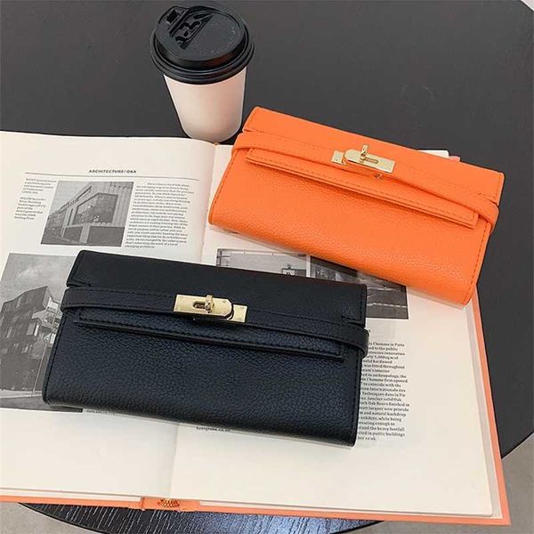 

2023 summer new fashion litchi pattern solid women's handbag style multi card lock long money