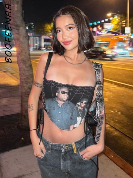 

camisoles tanks boofeenaa stylish crop portrait print side cut out bandage corset busiter streetwear subversive y2k tank c71 cc14 220410, Black;white
