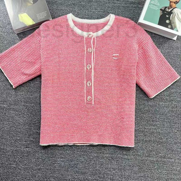 

women's t-shirt designer chic contrast stripe embroidery round neck knitted cardigan loose short sleeve thin t-shirt 2023 summer rhlo, White
