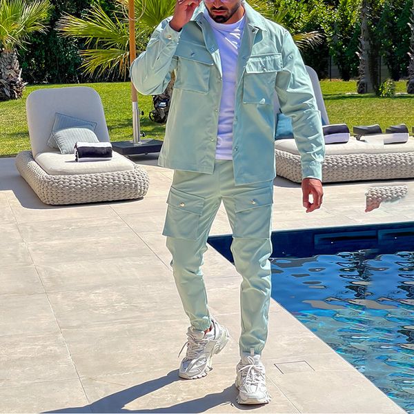 

men's tracksuits trend streetwear men's two piece sets spring turn-down collar jackets pockets cargo pants suits men fashion slim, Gray