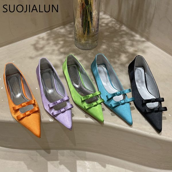 

dress shoes suojialun spring flats shoes pointed toe shallow slip on ladies elegant ballerina fashion bow-knot casual women loafers 230410, Black