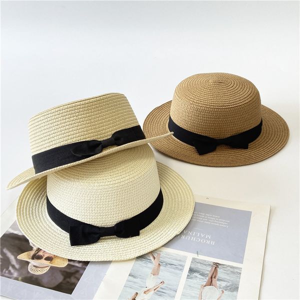 

stylish beach holiday hats summer flat hat women black ribbon bowtie caps sun shade straw hat, Blue;gray