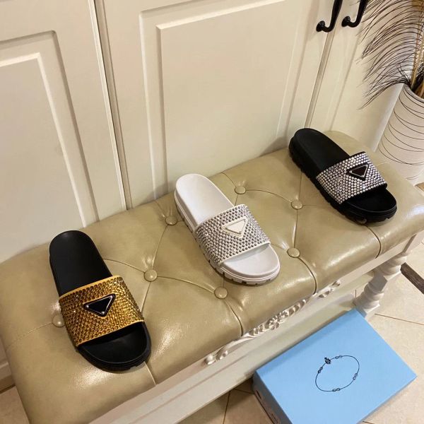 

satin crystal-embellished slippers slide summer platform sandals shoes slip-on triangle logo flats sandal women luxury designer slides slipp, Black