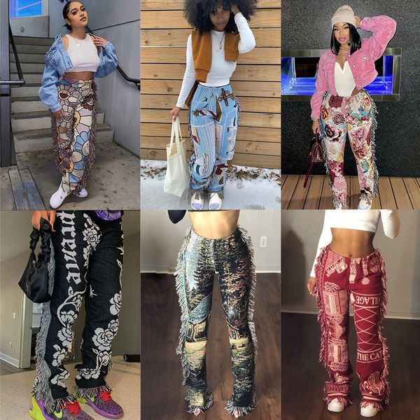 

women's pants s weiyao y2k tassel print medium waist bodyshaping legging fashion punk style female trousers 230410, Black;white