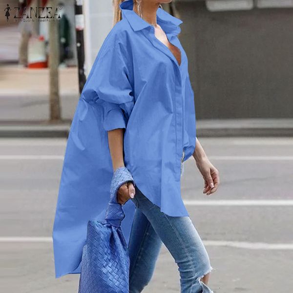 

women's blouses shirts zanzea stylish long shirt women casual solid full puff sleeve blouse elegant high low button chemise vintag lape, White