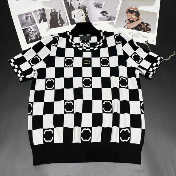 

designer women's clothing 20% off shirt summer simple design round neck small westernized age reducing checker knitting slim sleeve, White;black