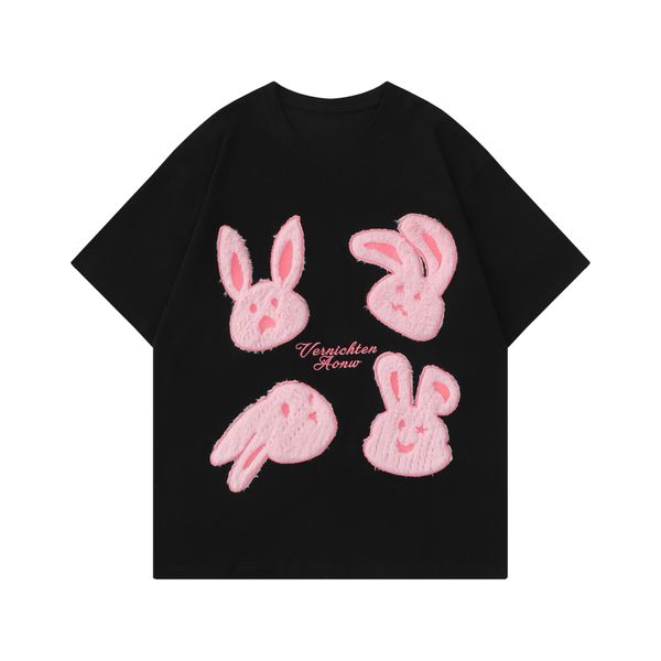 

summer men's t-shirts y2k streetwear cute rabbit embroidery graphic t-shirt fashion loose male tee shirt harajuku casual clothes, White;black