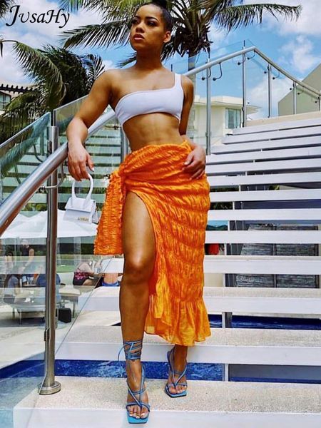 

skirts jusahy pleated woven skirt for women oversized casual clothing irregular shape side lace beach style female outfits summer 230410, Black