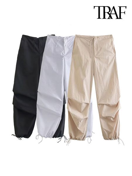 

women's pants capris traf women fashion side pockets pleats parachute cargo pants vintage high elastic waist drawstring female jogging, Black;white