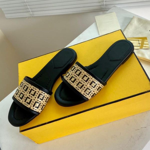 

black braided raffia woven motif women slippers slide leather sandals shoes beach casual flats sandal luxury designers slides slipper factor