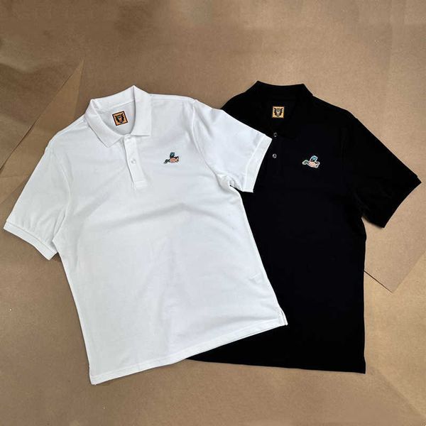 

human mde little flying duck embroidery silky pearl floor fabric polo 2 color pure cotton summer men's short sleeves, Black;white