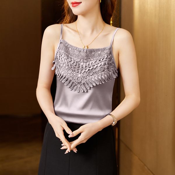 

camisoles tanks silk women's shirt flower satin elegant shirt hollow tank slim fit solid women's summer women's wear 230410, Black;white