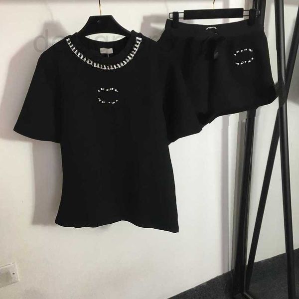 

women's two piece pants designer short sets womens clothing embossed sequin stud drill round neck short sleeve t-shirt elastic waist sh, White