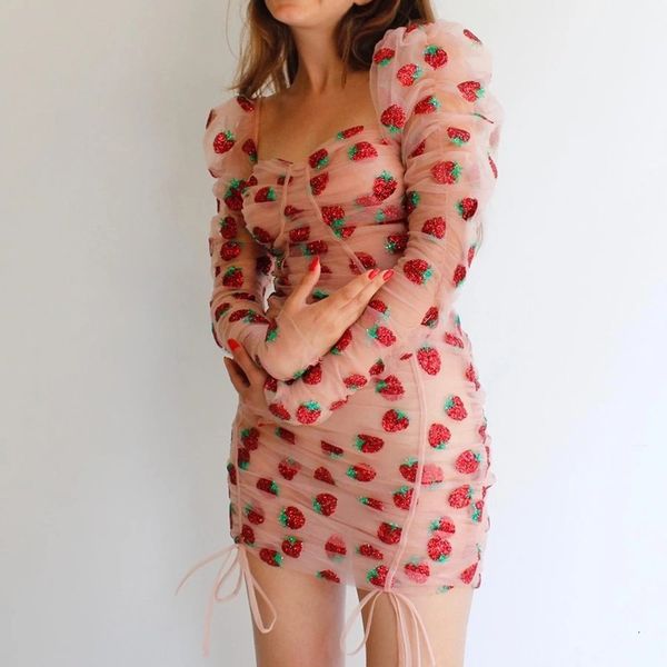 

casual dresses pink strawberry mesh dress women's fashion sweet french style pleated body square neckline lace wrapped squins mini dres, Black;gray