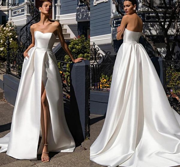 

white modern simple satin a line wedding dresses for bride sweetheart neck empire waist fashion bridal gowns high split plus size reception