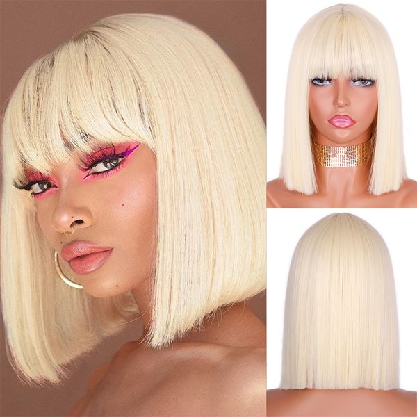 

synthetic wigs blonde with bangs short for women golden straight bob natural heat resistant 11 inches party 230410, Black