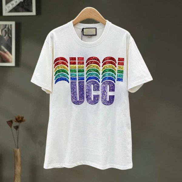 

designer new women t shirt shirt korean summer 2023 color sequin letter sleeve t-shirt label, White