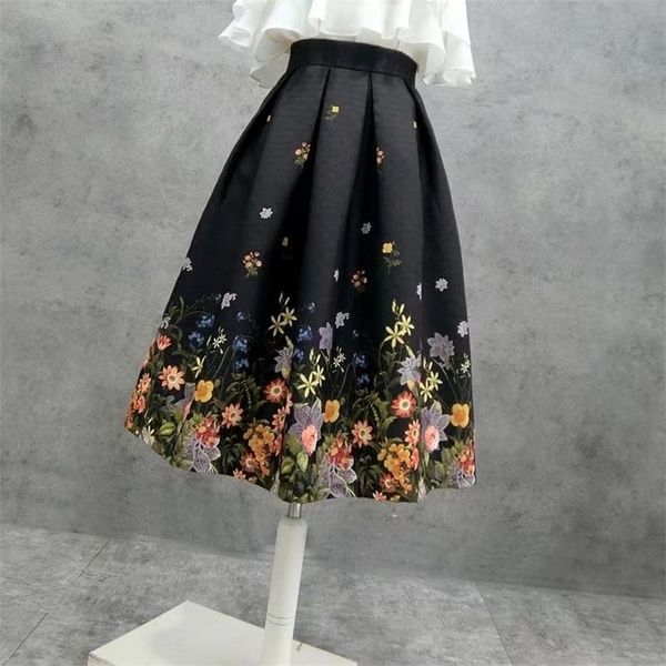 

skirts autumn trend south korea hepburn elegant retro aesthetics blue flower high waist pleated midi skirt rope unprinted good product 23041, Black