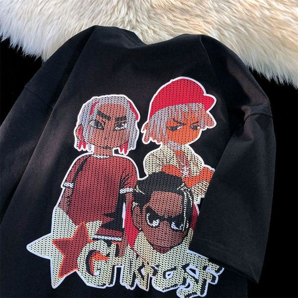 

men's t-shirts european and american street fashion cartoon graphic printing short sleeved t shirt men women summer loose casual couple, White;black