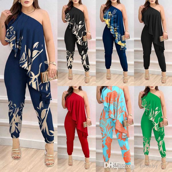 

women jumpsuit 2023 designer clothing printed one shoulder lotus leaf edge bodysuit rompers for woman, Black;white