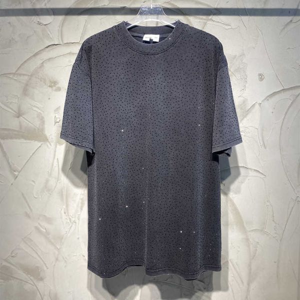 

luxury designer women t shirt shirt high version 2023 summer washed old full diamond os loose sleeve t-shirt, White;black