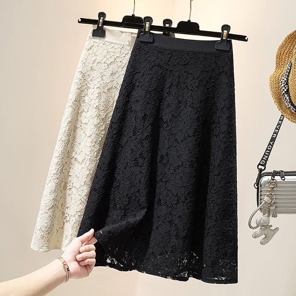 

skirts high waist lace midi women's vintage a-line women's black beige dress 230410