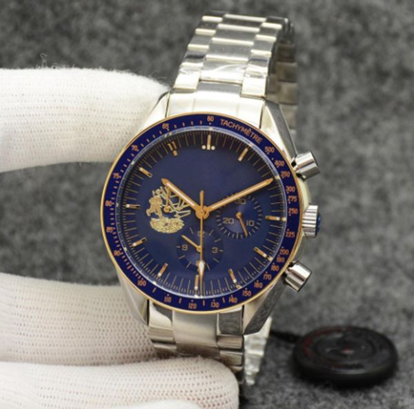 

luxury men's quartz sport battery watch eyes on the stars limited edition two tone blue and gold dial stainless steel professional dive, Slivery;brown