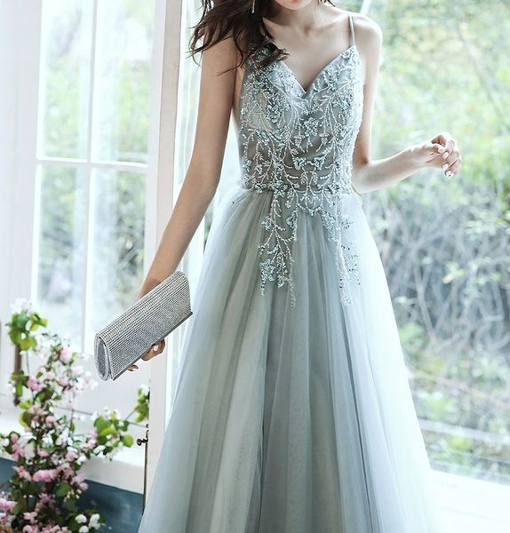 

sage celebrity dresses a-line split fork beading applique spaghetti strap tulle red carpet floral print party evening gowns elegant, Black;red