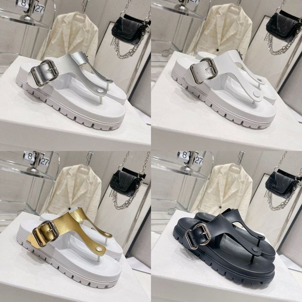 

designer slippers women sandals thick soled high rise shoes metal buckle gold silver color beach flip flops sandal black white classic shoe