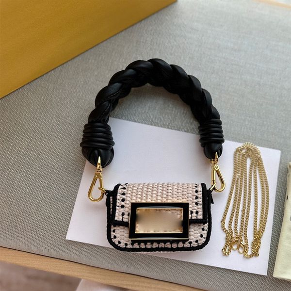

mini designer bag luxury women's handbag lipstick purse raffia weaving metal chain f crossbody bag fashion handle messenger bag khaki v