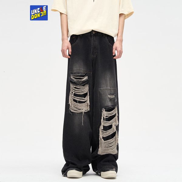 

men's pants patch damaged design sense niche jeans men streetwear ripped y2k mens wide leg 230410, Black