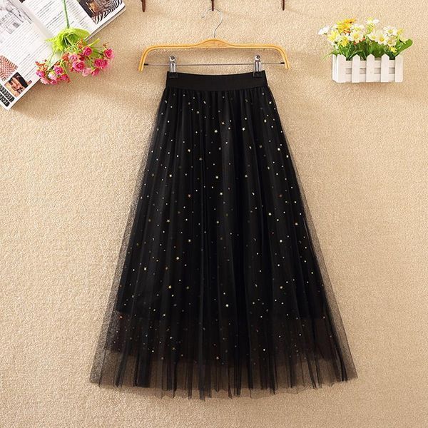 

skirts spring fashion star sequins a-line ski net fold ski 230410, Black