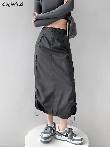 

skirts y2k midi skirt cargo hipster harajuku vintage loose girls fashion ins ulzzang chic streetwear backslit drawstring 230410, Black