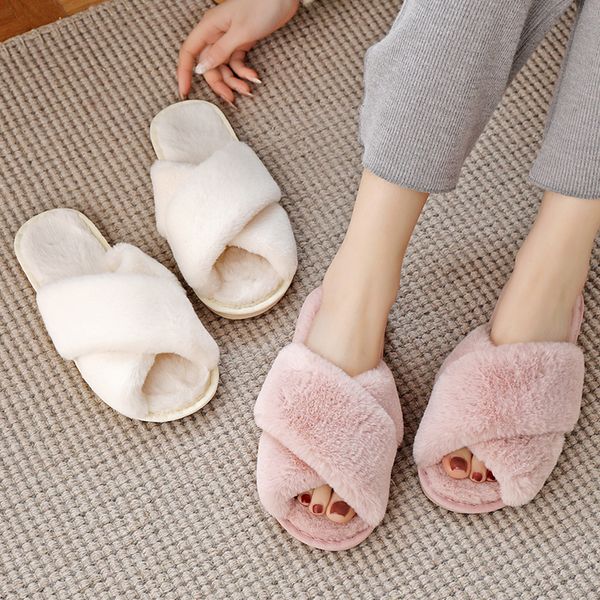 

sandals bevergreen winter women house slippers faux fur warm flat shoes female slip on home furry ladies slides plus size wholesale 230410, Black
