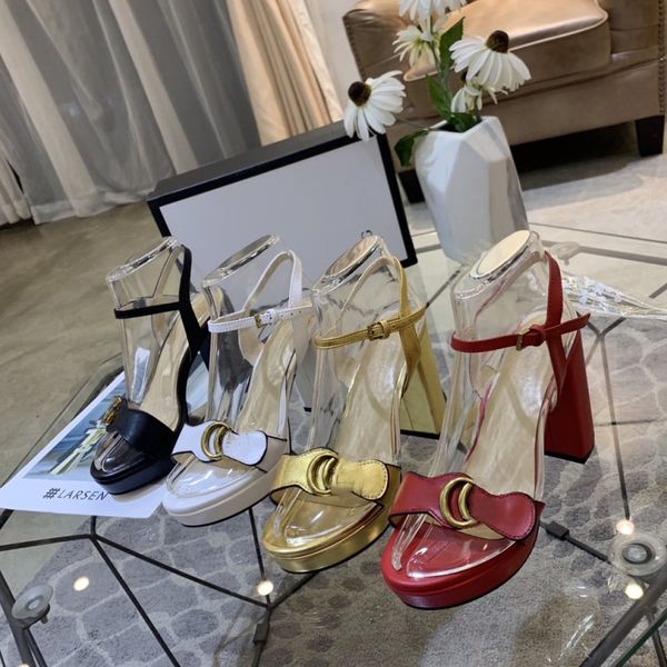 

classic womens high heel sandals leather double g metal buckle sandal summer designer peep-toe womens chunky heel dress shoes 10cm heeled pl, Black