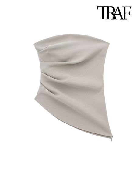 

camisoles tanks traf women fashion strapless asymmetric gathered bustier vintage straight neck side zipper female camis mujer 230410, Black;white