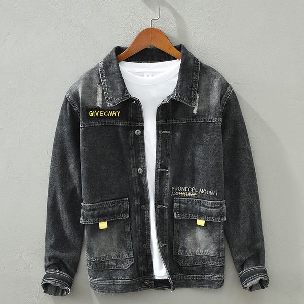 

men's jackets men denim jacket fashion trendy streetwear ins loose casual retro creativity letter embroidery pocket lapel cotton coat 2, Black;brown