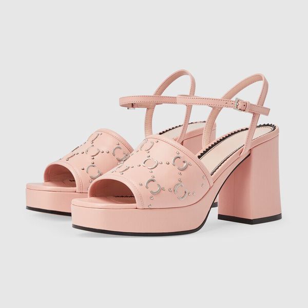 

women s lnterlocking studs sandals 8.5cm ankle strap platform pumps stud buckle letter chunky heel evening shoes luxury designer dress shoes, Black