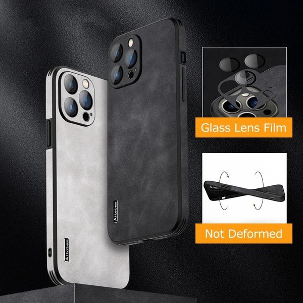 

glass lens film luxury sheepskin texture soft case for iphon 14 plus 12 13 pro max metal camera protection shockproof thin cover