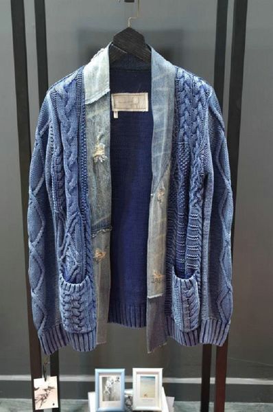 

autumn and winter men's cardigan sweater tide brand couple style denim stitching blue tie-dye stone mill knitted kimono daosam, White;black