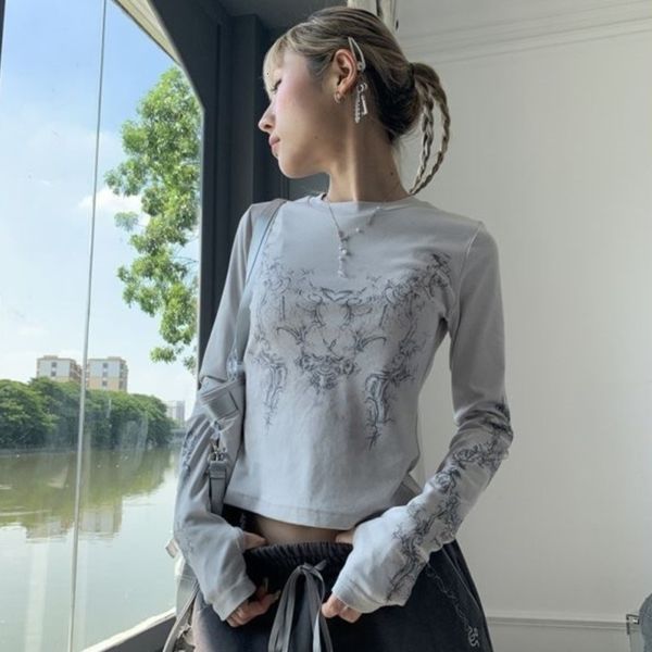 

womens tshirt vintage women clothes y2k tshirts blusas oneck long sleeve print tunic grunge woman clothing fashion casual crop emo 230408, White