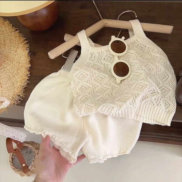 

clothing sets cute baby girl clothing set summer cotton knitted belt shirtruffled lace shorts 2pc children's clothing set 230410, White