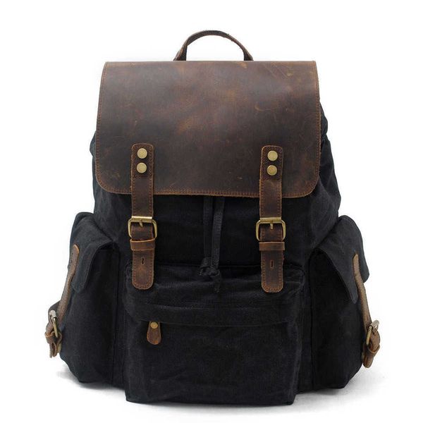 

backpack style waterproof batik canvas men's bag with cowhide backpack outdoor travel large capacity 221015